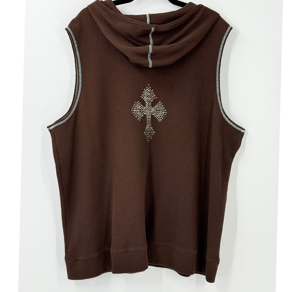 Quacker Factory Brown Waffle Vest womens sz 3X Rhinestone Cross Zip Hoodie bling